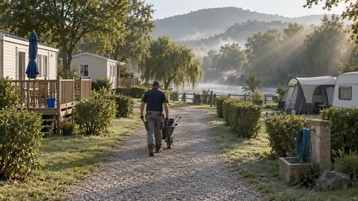 Allée d'un camping familial en bord de rivière tôt le matin en début de saison : allée de gravier bordée d'emplacements délimités par des haies basses, deux mobil-homes clairs sur terrasses de bois avec tables et chaises de jardin, tente familiale à auvent déployé et caravane avec son store, employé en polo vu de dos poussant une brouette chargée d'outils de jardin, parasol replié bleu profond dans son socle et seau de la même teinte, point d'eau maçonné avec robinets et tuyau enroulé, rivière bordée de saules et collines dans la brume
