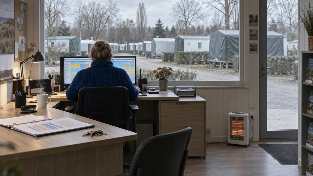 Bureau d'accueil d'un camping fermé, en janvier : un gestionnaire de dos devant un écran affichant un planning de réservations par emplacement, une tasse de café, un classeur de tarifs ouvert, et par la fenêtre des mobil-homes bâchés sous un ciel gris.