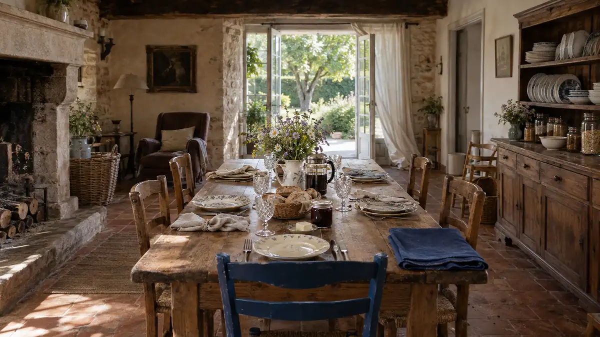 Table d'hôtes dressée dans la salle commune d'une maison de campagne restaurée : longue table de ferme en chêne massif dressée pour six avec assiettes dépareillées en faïence, verres à pied, couverts anciens, serviettes de lin nouées, corbeille de pain, pot de confiture sans étiquette, cafetière à piston et bouquet de fleurs des champs dans un pichet, nappe de lin bleu profond pliée au bout de la table et chaise peinte de la même teinte, cheminée de pierre garnie de bûches, vaisselier ancien, porte-fenêtre ouverte sur un jardin, sol en tomettes et poutres apparentes
