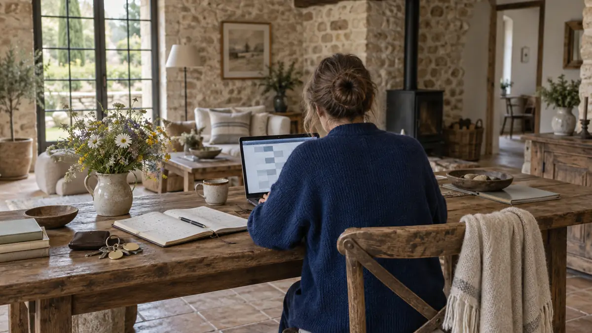 Coin bureau d'une maison d'hôtes : une propriétaire de dos, devant un ordinateur portable affichant un calendrier de disponibilités, un carnet de réservations manuscrit ouvert à côté, un trousseau de clés étiquetées et un bouquet de fleurs des champs sur la table de bois.