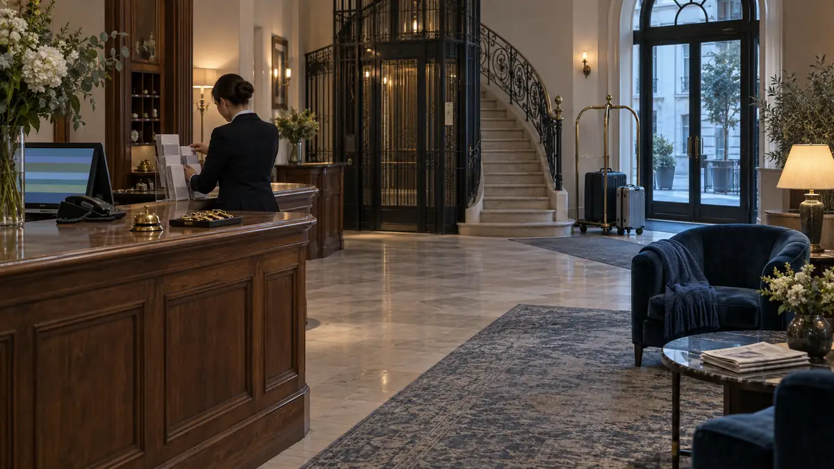 Comptoir de réception d'un hôtel indépendant : les mains d'un réceptionniste sur un clavier, un écran affichant un planning de chambres en bandes colorées sans texte, deux valises et un rack de clés au fond.