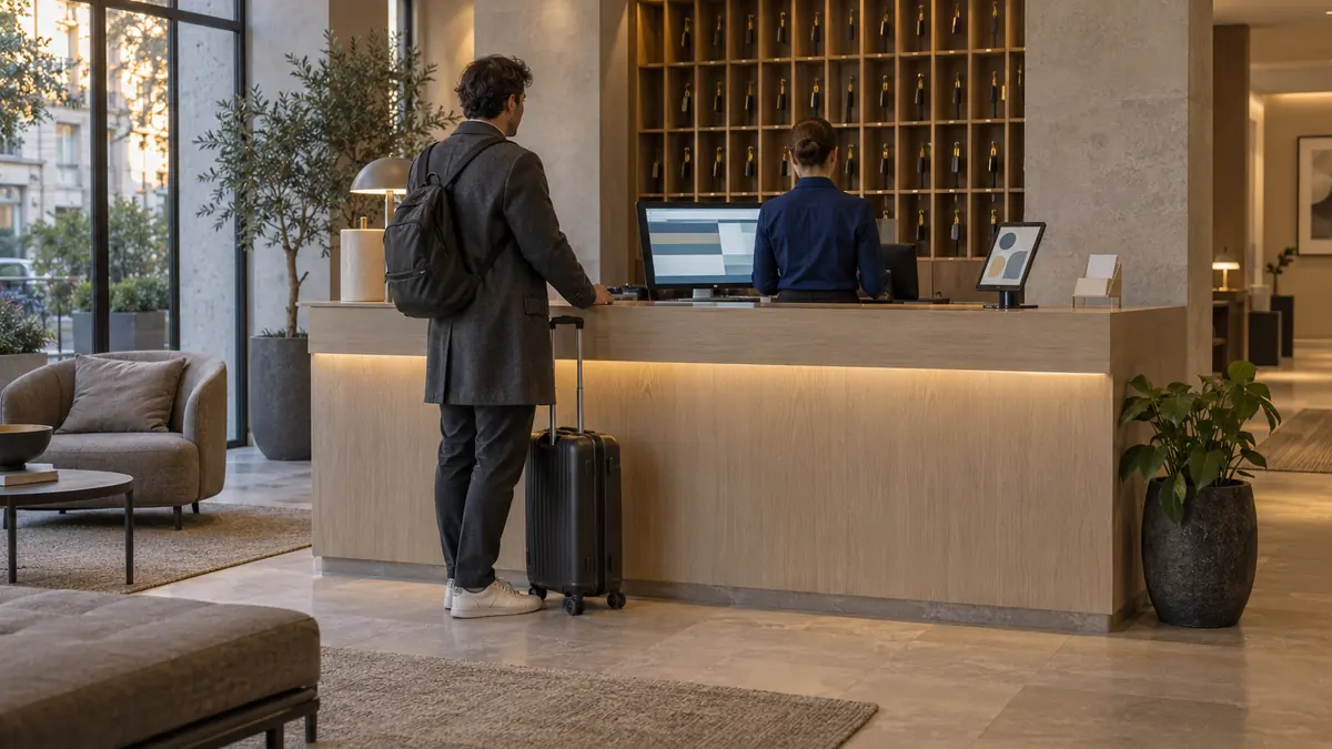 Réception d'hôtel en fin de journée : une réceptionniste de dos consulte un écran affichant une grille d'avis clients anonymisée, un client attend devant le comptoir avec une valise cabine, et une tablette de satisfaction est posée près du présentoir à cartes.