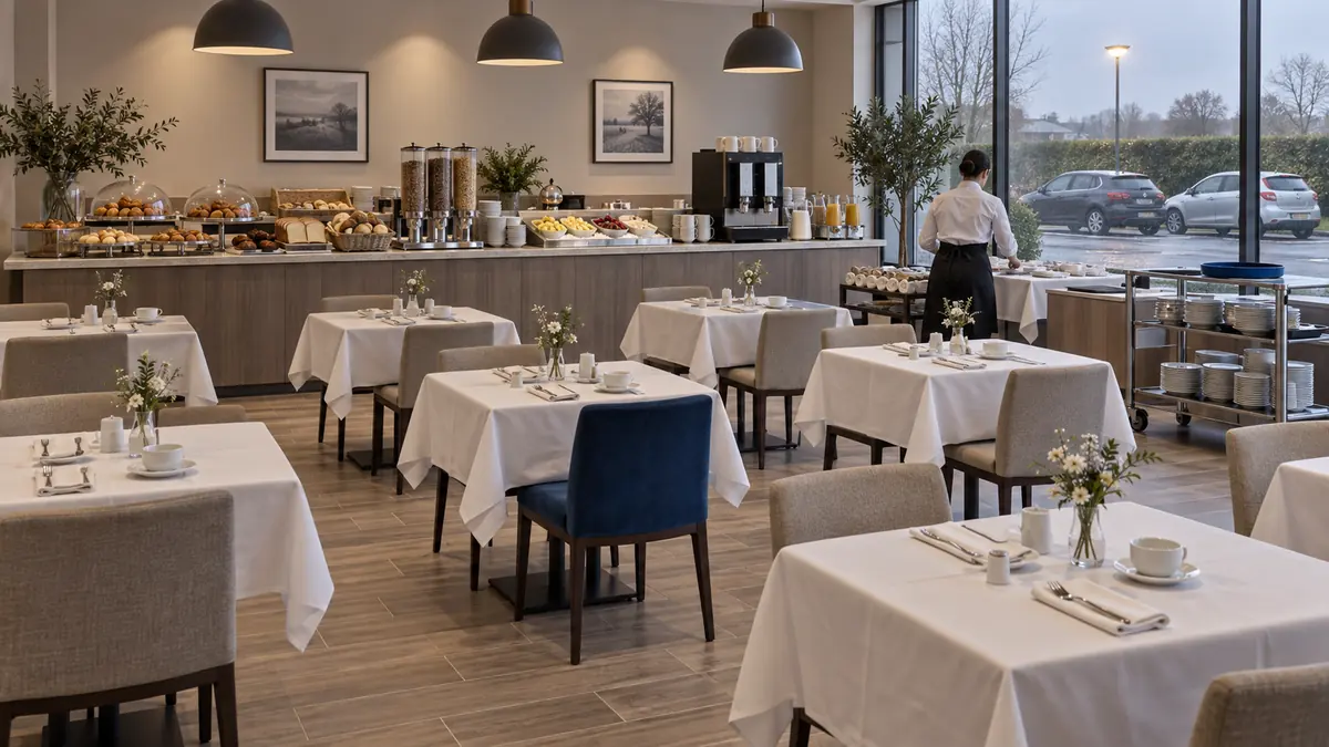 Salle de petit-déjeuner d'un hôtel de périphérie à l'ouverture, vide de clients : buffet en ligne avec plateaux de viennoiseries sous cloche, corbeilles de pains tranchés, distributeurs à céréales transparents, bacs de fruits coupés sur glace et machine à café à deux becs, employé en tablier vu de dos disposant des couverts enroulés dans des serviettes, une vingtaine de tables carrées dressées à l'identique avec nappe blanche et petit vase à fleur unique, chaise bleu profond isolée et plateau de service de la même teinte, baie vitrée donnant sur un parking