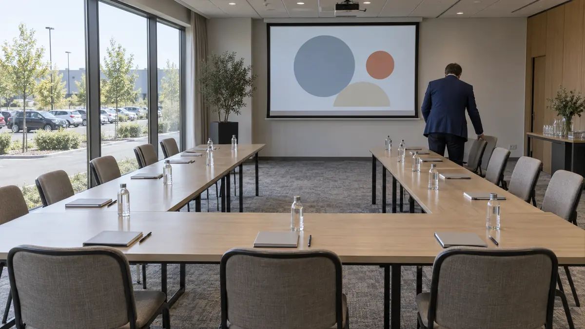 Salle de séminaire d'un hôtel de périphérie, en fin de matinée : tables en U avec blocs-notes et bouteilles d'eau, un écran de projection allumé sans texte lisible, un responsable de séminaire de dos disposant les chaises, et une baie vitrée donnant sur un parking arboré.