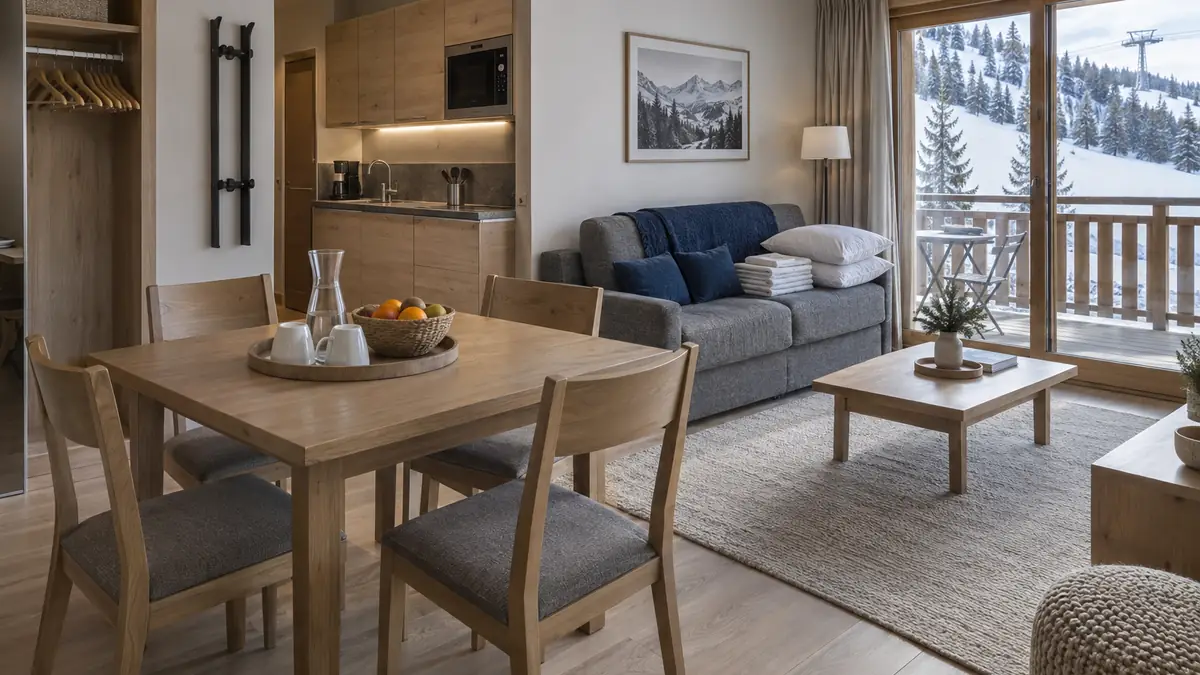 Appartement d'une résidence de tourisme de montagne prêt pour une arrivée : séjour-cuisine d'un studio avec coin cuisine équipé aux façades de bois clair, table carrée et quatre chaises, canapé convertible replié et table basse portant un plateau d'accueil avec deux tasses retournées, une carafe et une corbeille de fruits, pile de linge de maison plié sur le canapé, plaid bleu profond jeté sur le dossier et coussins de la même teinte, placard ouvert montrant des cintres alignés et un porte-skis mural vide, baie vitrée donnant sur un balcon et une pente enneigée