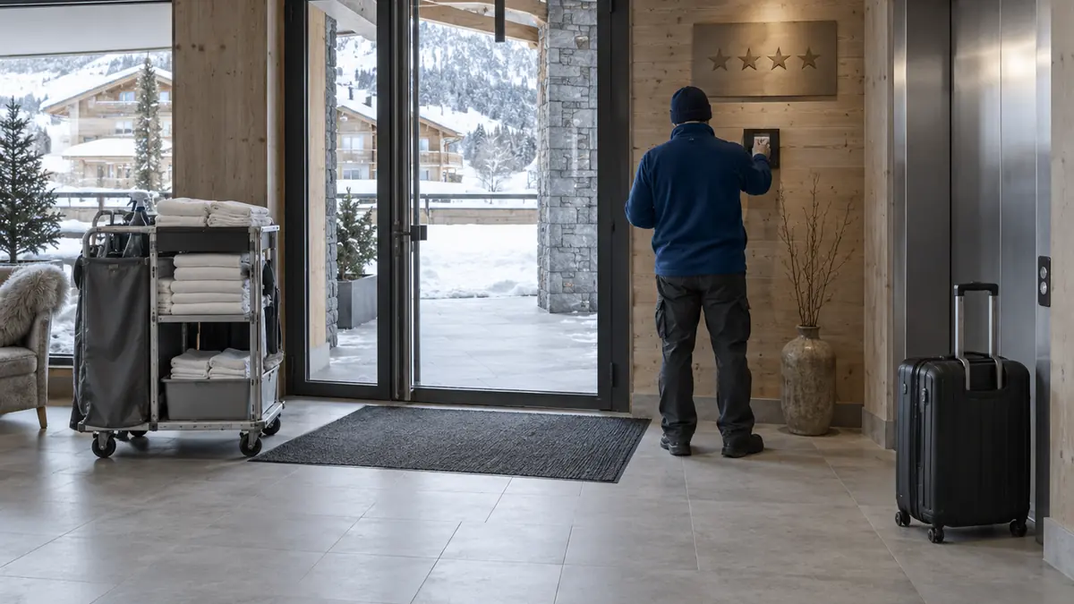 Entrée d'une résidence de tourisme : un panonceau de classement en étoiles fixé près de la porte vitrée, un gestionnaire de dos relevant un code sur une boîte à clés murale, un chariot de ménage dans le hall et une valise posée près de l'ascenseur.