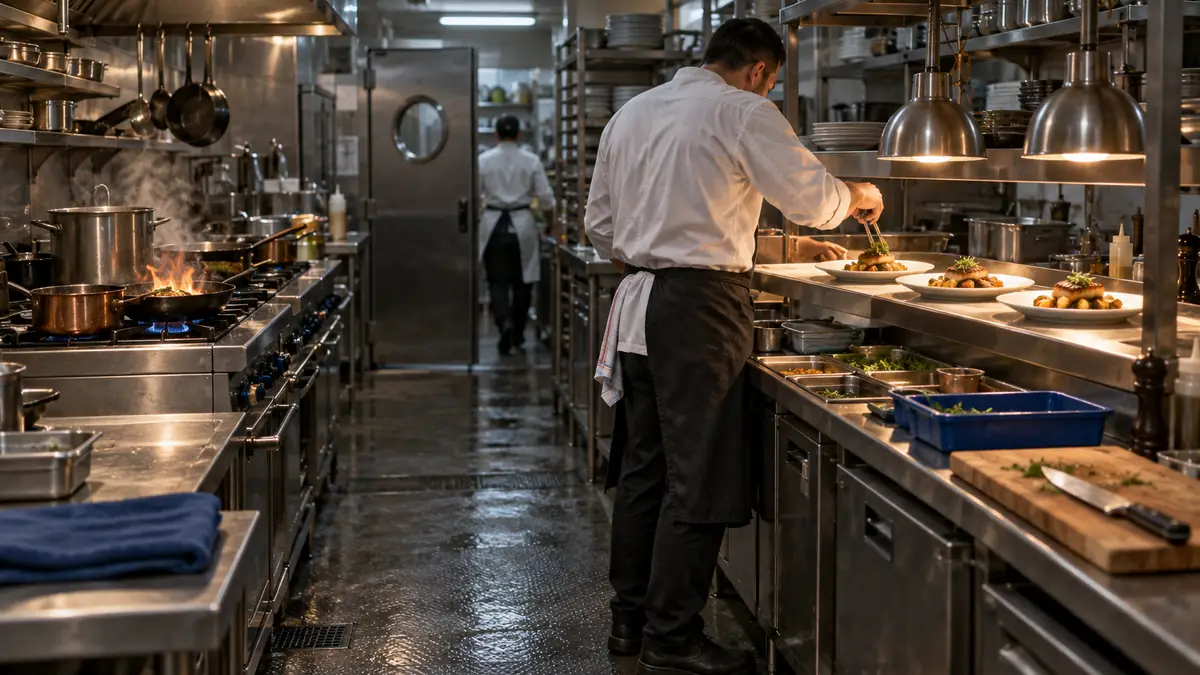 Cuisine d'un restaurant de quartier au coup de feu du service de midi : passe en inox où trois assiettes dressées attendent sous la lampe chauffante, cuisinier en veste blanche vu de trois quarts dos, visage hors champ, terminant une assiette à la pince, piano de cuisson avec casseroles de cuivre, flamme visible et vapeur montante, plan de découpe garni de bacs gastronomes de garnitures préparées, planche, couteau de chef posé à plat et torchon roulé, bac de service bleu profond, étagère inox garnie de récipients empilés et porte battante à hublot vers la salle