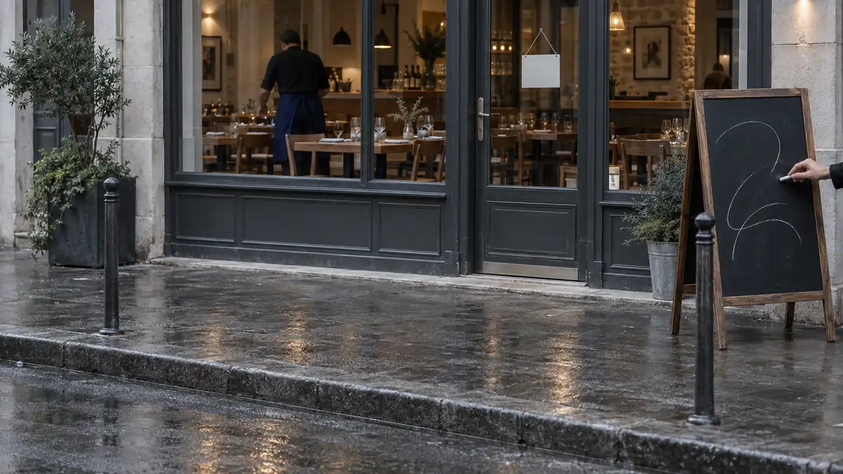 Devanture de restaurant en début de service : une ardoise de menu du jour posée sur le trottoir, une main en train d'y écrire à la craie, la salle éclairée derrière la vitre et un écriteau d'horaires d'ouverture fixé sur la porte vitrée.