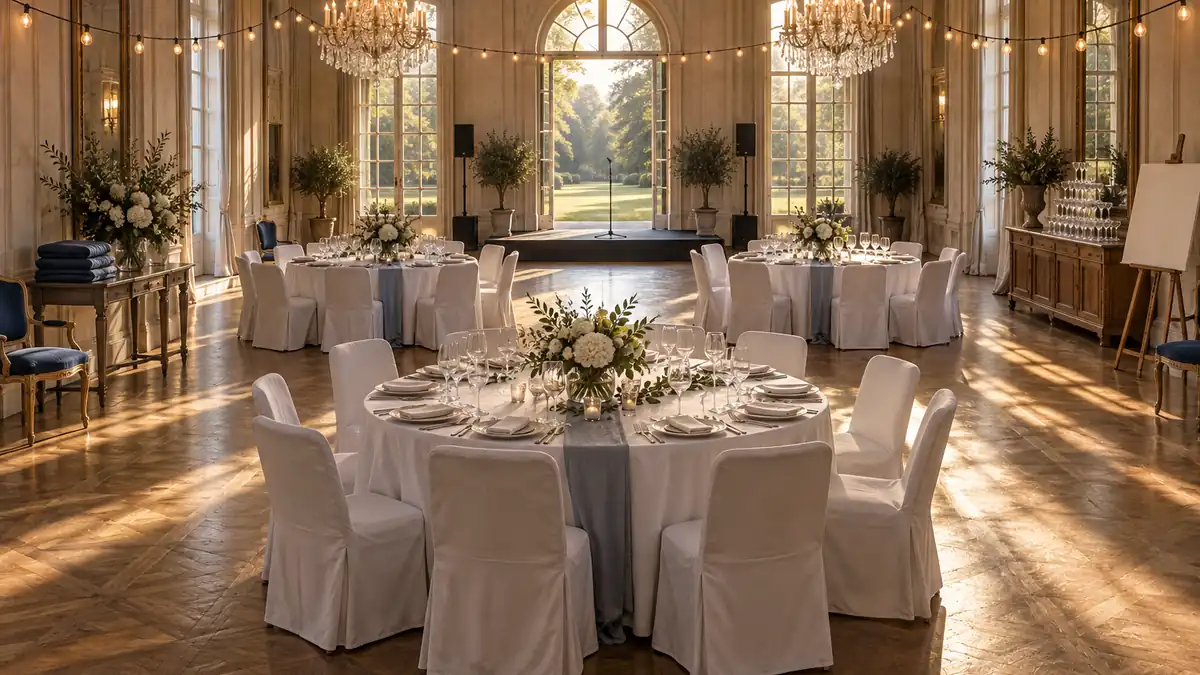 Grande salle de réception d'un domaine dressée pour un dîner une heure avant l'arrivée des convives : cinq tables rondes nappées de blanc dressées pour dix avec assiettes, verres alignés, serviettes pliées, chemins de table et centres de branchages et de fleurs blanches dans des vases bas, chaises habillées de housses, deux lustres en cristal et guirlandes de guinguette tendues, pile de serviettes bleu profond sur une console, estrade de scène vide avec pied de micro, plan de table vierge sur chevalet, hautes portes-fenêtres ouvrant sur un parc dans la lumière dorée