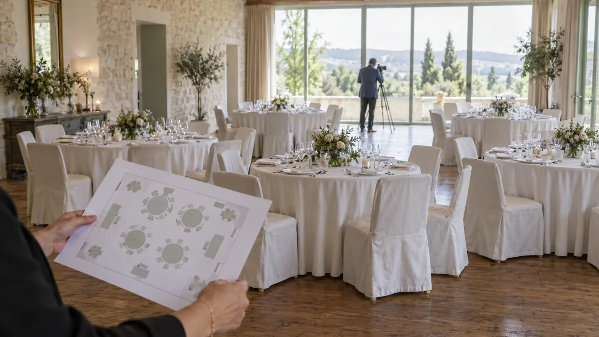 Salle de réception vide en fin de matinée, vue depuis l'entrée : tables rondes dressées en nappage clair, chaises habillées, un photographe de dos réglant son appareil sur pied près de la baie vitrée, et une régisseuse consultant un plan de salle papier.