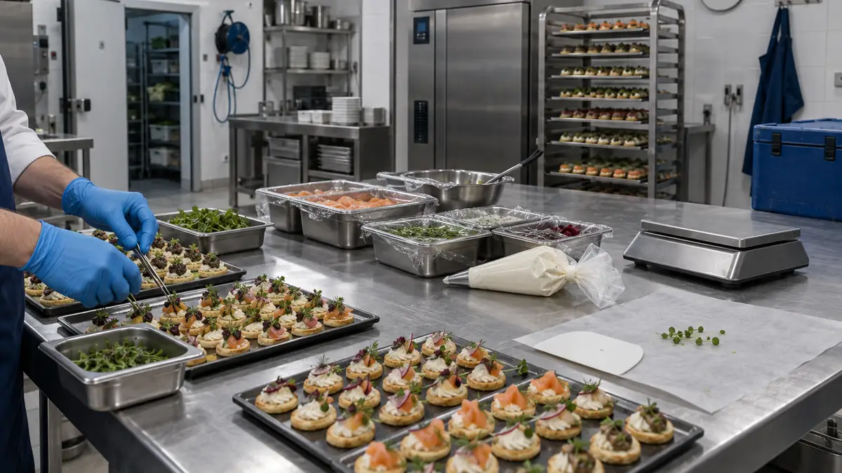 Laboratoire d'un traiteur en préparation de commande : grand plan de travail en inox où sont alignés sur plusieurs rangs des plateaux de bouchées identiques, deux mains gantées cadrées aux avant-bras déposant une garniture à la pince, bacs gastronomes couverts de film, balance de précision, poche à douille et rouleau de papier sulfurisé, chariot à niveaux chargé de plateaux terminés, bac de transport isotherme bleu profond et tablier de la même teinte accroché au mur, cellule de refroidissement fermée et chambre froide entrouverte laissant voir des étagères garnies