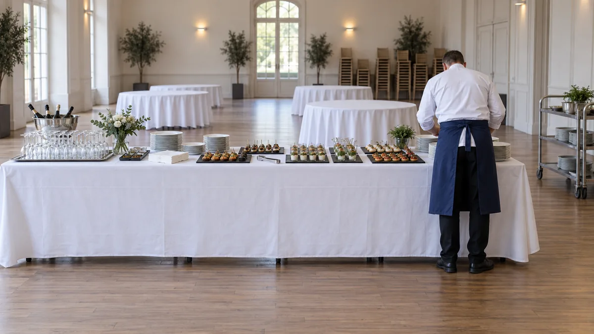 Buffet de réception dressé avant l'arrivée des convives : longue table nappée portant des plateaux de bouchées alignées, des verres retournés, un chef de dos en veste blanche ajustant une dernière assiette, et une salle de réception vide en arrière-plan.