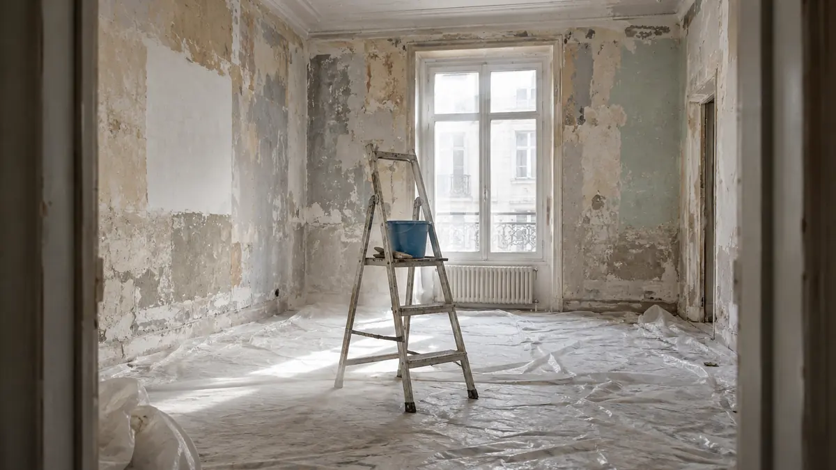 Chantier de rénovation intérieure avec bâches de protection et murs décapés