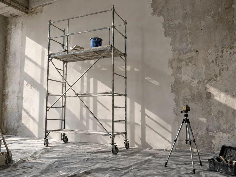 Échafaudage roulant dressé devant un mur intérieur en cours de reprise, outils posés au sol