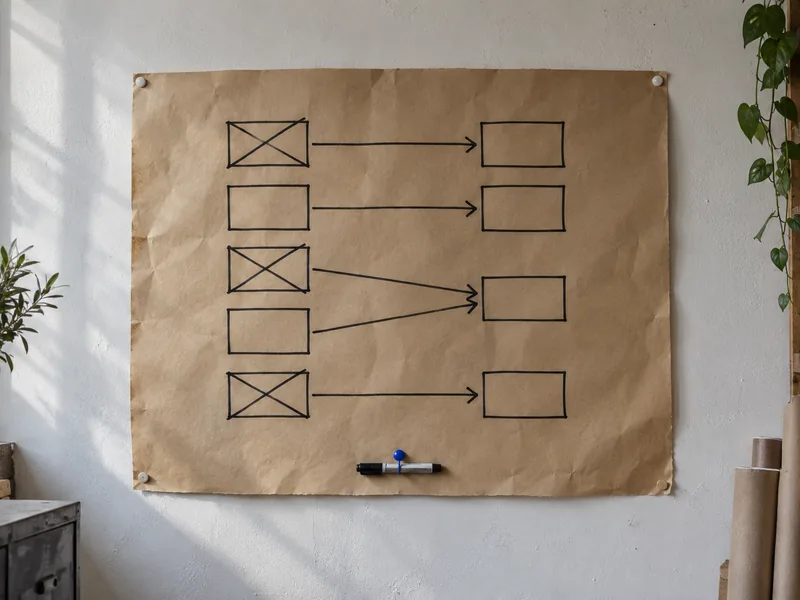 Plan de migration dessiné sur papier kraft, deux colonnes reliées par des flèches