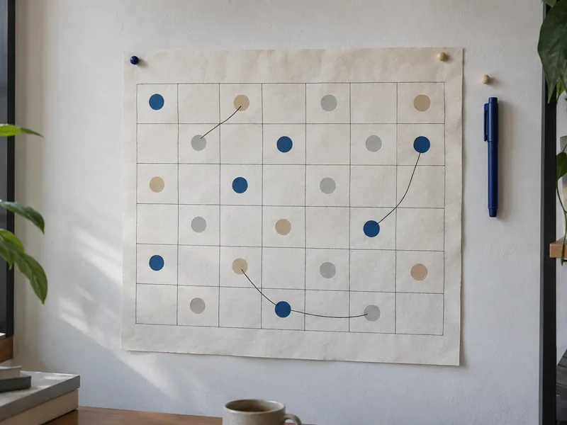 Calendrier mensuel papier punaisé au mur, marqué de gommettes de couleur