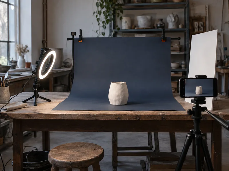 Petite mise en scène de prise de vue d'un objet artisanal sur fond uni avec lampe annulaire