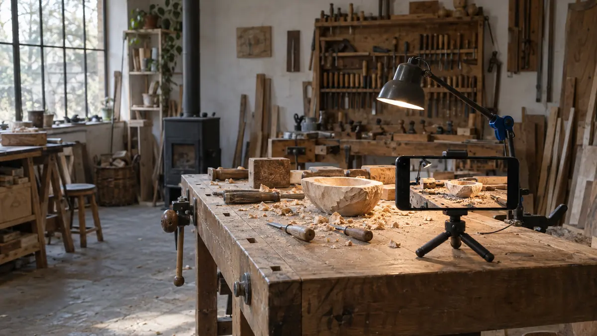 Trépied et téléphone installés pour filmer un établi d'artisan dans un atelier