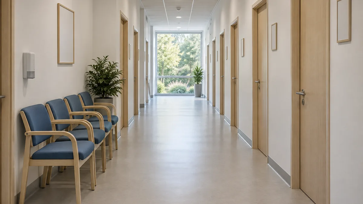 Couloir lumineux d'une maison de santé pluriprofessionnelle desservant plusieurs cabinets