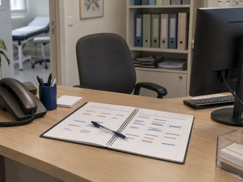 Bureau de secrétariat médical avec agenda papier ouvert et téléphone fixe posé à côté