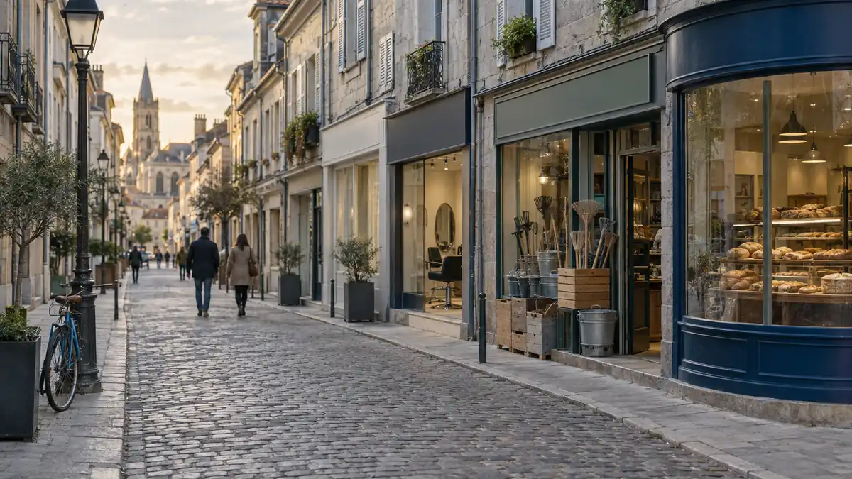 Rue commerçante d'une ville française où se succèdent les devantures de plusieurs commerces différents
