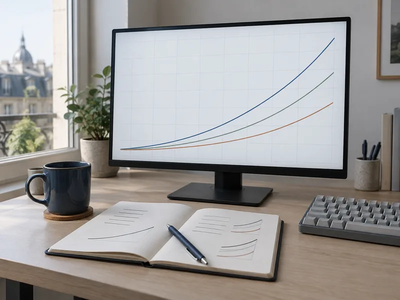 Écran affichant des courbes de progression sans libellés, devant un carnet de notes annoté