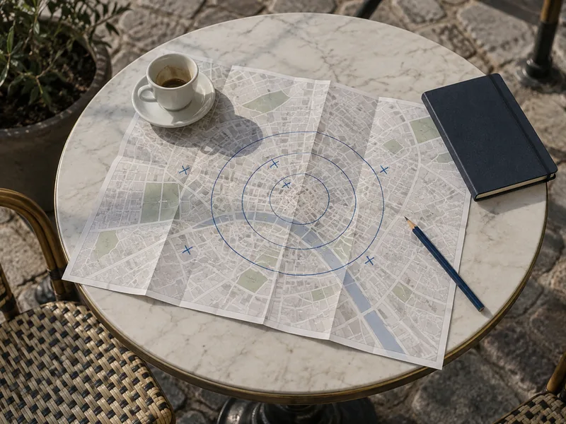 Plan de ville papier annoté de cercles concentriques au crayon, posé sur une table de café