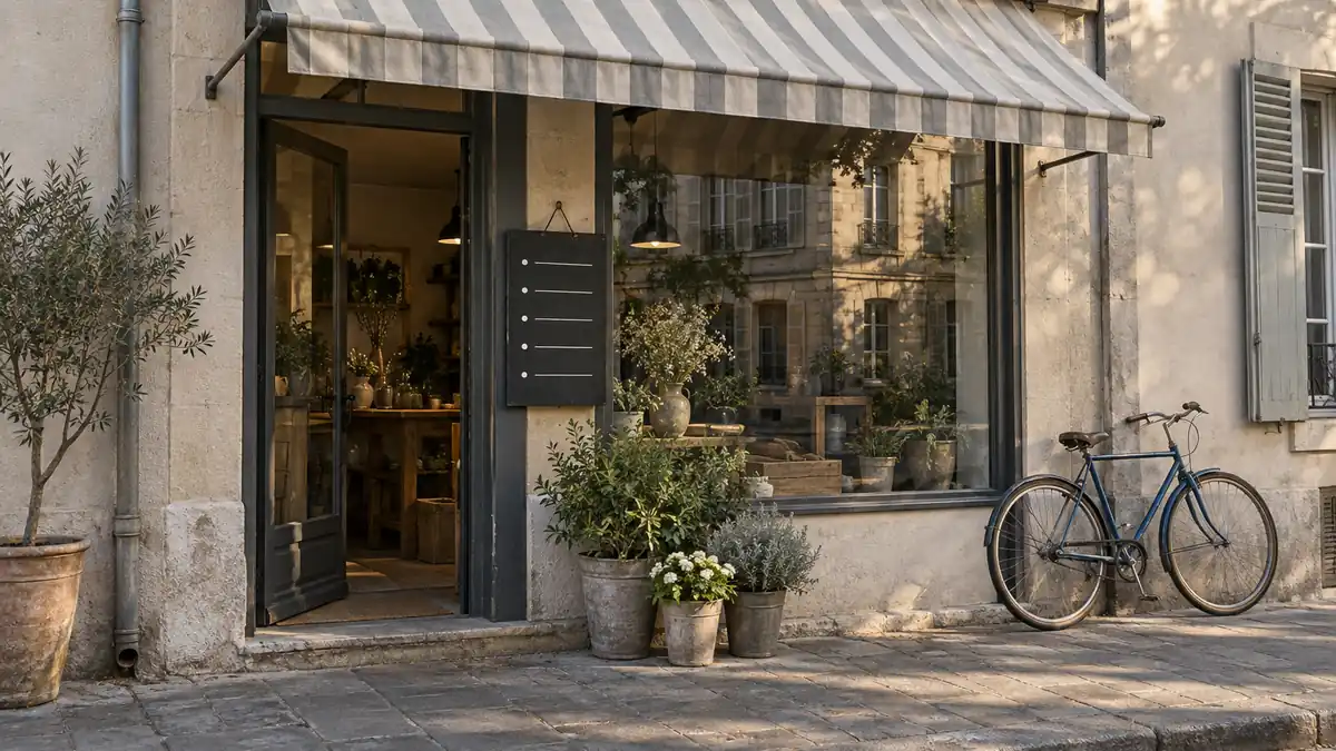 Vitrine d'un commerce de quartier avec une ardoise d'horaires accrochée près de la porte