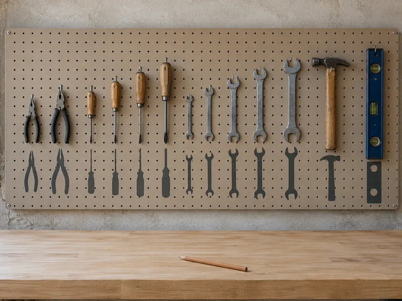 Panneau mural d'atelier où une douzaine d'outils à main sont suspendus et rangés par taille