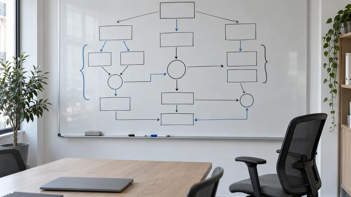 Grand tableau blanc mural couvert de schémas de flux tracés à la main dans une salle de travail vide