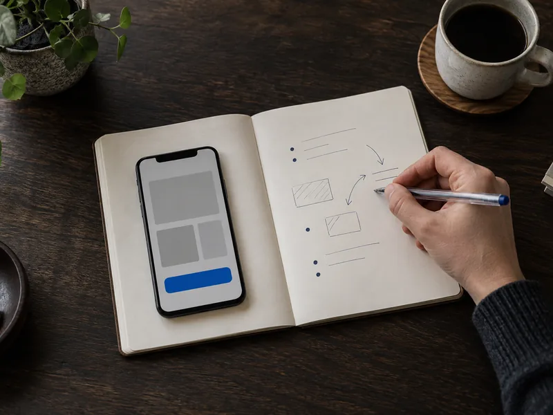 Téléphone posé sur un carnet ouvert qu'une main annote au stylo
