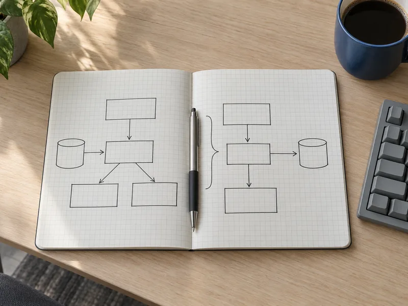 Carnet quadrillé portant un schéma d'architecture tracé à la main, posé près d'un clavier