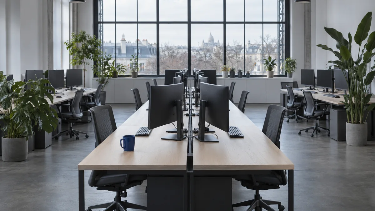 Plateau de bureaux clair et sobre d'une entreprise du numérique, écrans éteints en début de matinée