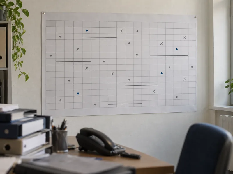 Calendrier mural annuel annoté de pastilles de couleur dans un bureau d'arrière-guichet d'hôtel
