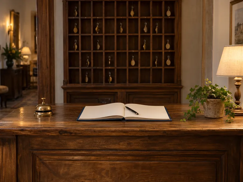 Comptoir de réception d'un hôtel indépendant avec registre ouvert et tableau de clés en bois